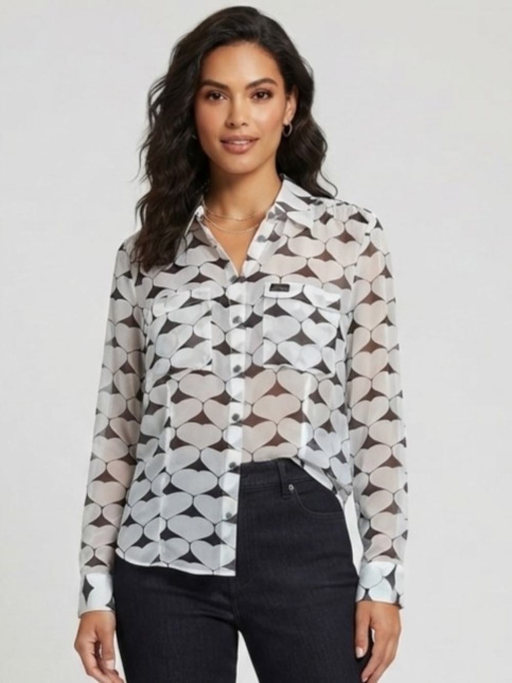 GUESS White and Black Geometric Sheer Button-Down Shirt Size Small